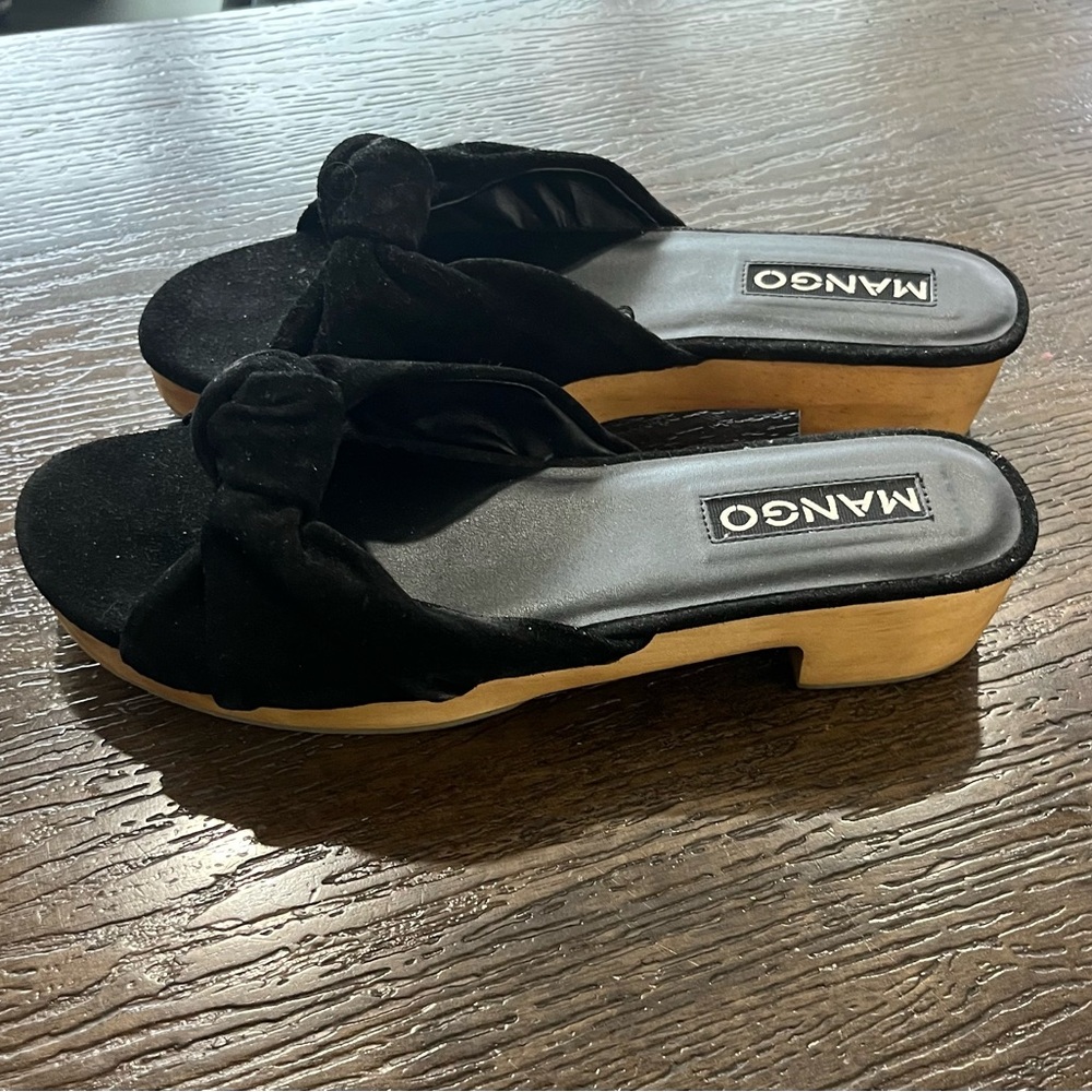 Wooden Heel Black Bow Slide Sandals